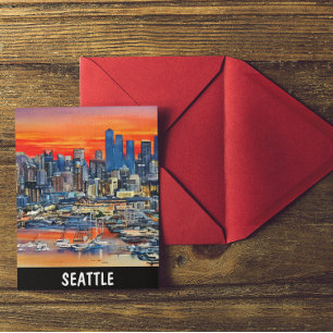 Seattle Washington Cityscape Sunset Vykort