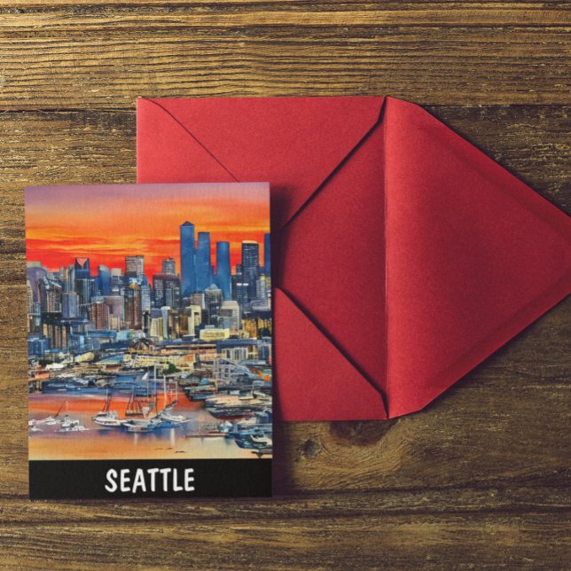Seattle Washington Cityscape Sunset Vykort (Seattle Sunset Skyline Postcard)