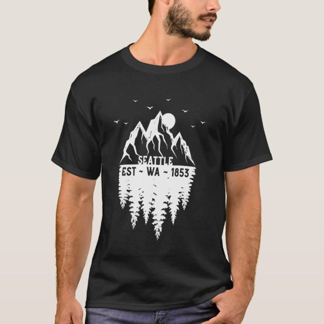 Seattle Washington Grundad 1853 Berg Träd T Shirt (Framsida)
