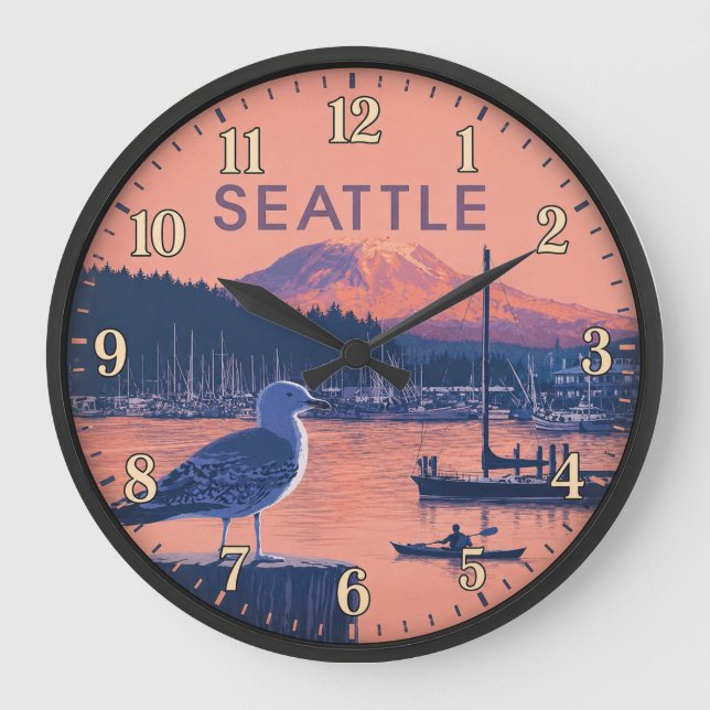 Seattle Washington Harbor Mount Rainier Sunset Stor Klocka (Framsida)