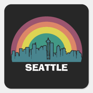 Seattle Washington Retro Sunset Cityscape Fyrkantigt Klistermärke