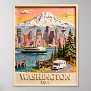 Seattle Washington Road Trip Texturerad Stadssilhu Poster