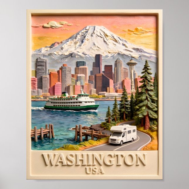 Seattle Washington Road Trip Texturerad Stadssilhu Poster (Framsidan)