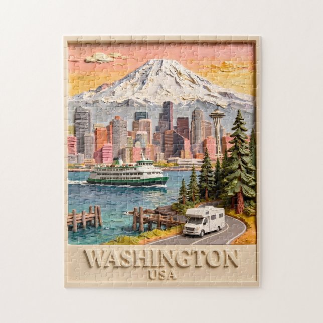Seattle Washington Road Trip Texturerad Stadssilhu Pussel (Vertikal)