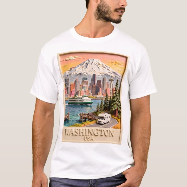 Seattle Washington Road Trip Texturerad Stadssilhu T Shirt (Framsida)