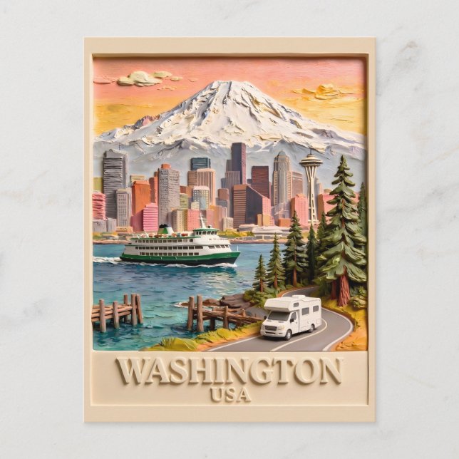 Seattle Washington Road Trip Texturerad Stadssilhu Vykort (Framsida)