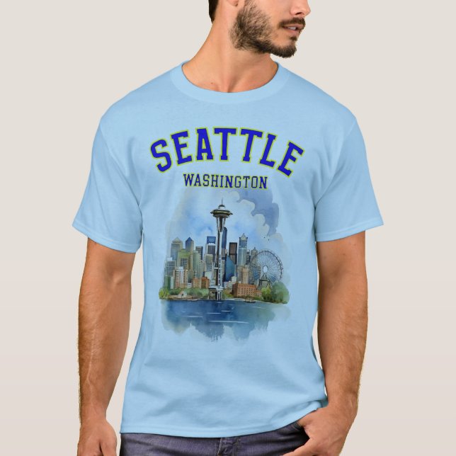 Seattle Washington: Seatle Skyline & Space Nål T Shirt (Framsida)