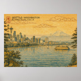 Seattle Washington Siluett i japansk Ukiyo-e Poster