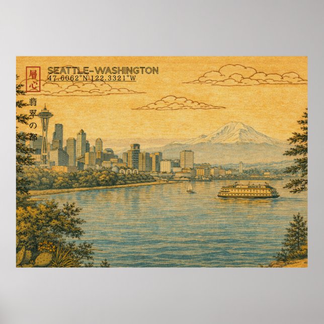 Seattle Washington Siluett i japansk Ukiyo-e Poster (Framsidan)