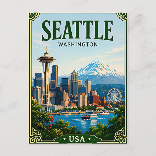 🌲 Seattle Washington Siluett Och Space Needle Vykort (Framsida)