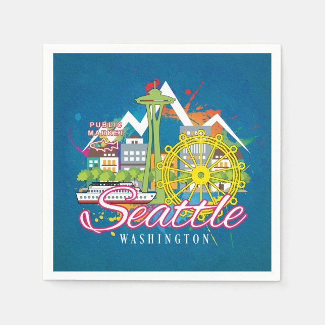 SEATTLE WASHINGTON SKYLINE CITYSCAPE DECOUPAGE PAPPERSSERVETT (Framsidan)