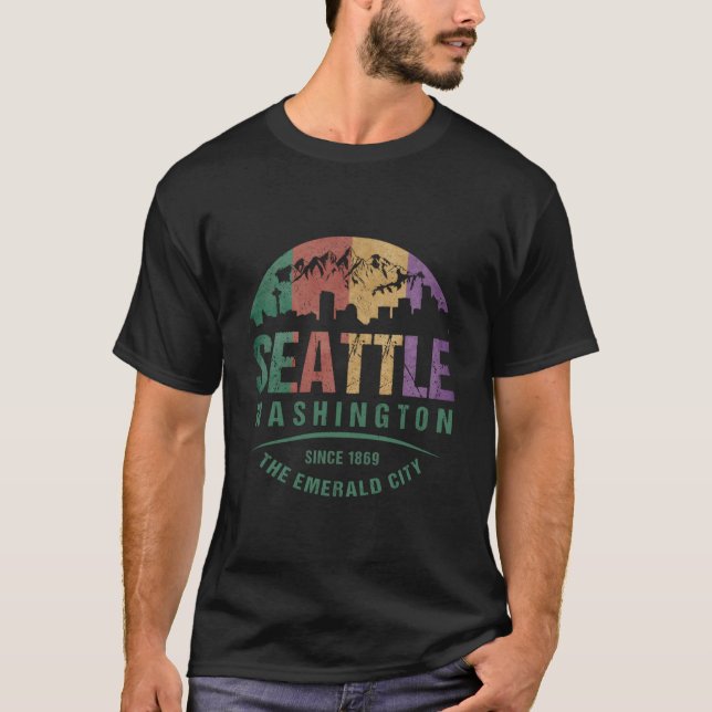 Seattle Washington Skyline Grunge Space Nål T Shirt (Framsida)