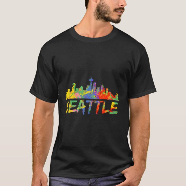 Seattle Washington Skyline Paint Stänk T Shirt (Framsida)