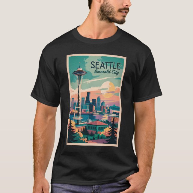 Seattle Washington Skyline Travel Art Vintage T Shirt (Framsida)