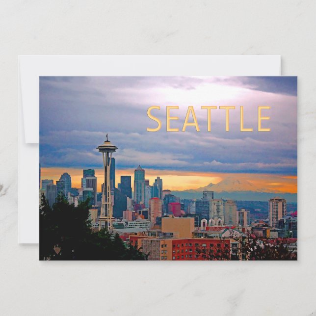 Seattle Washington Skyline vid Sunset TEXT SEATTLE Inbjudningar (Framsida)