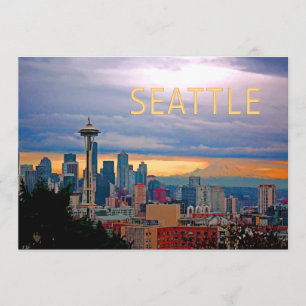 Seattle Washington Skyline vid Sunset TEXT SEATTLE Inbjudningar