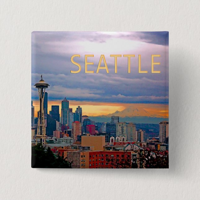 Seattle Washington Skyline vid Sunset TEXT SEATTLE Knapp (Framsida)