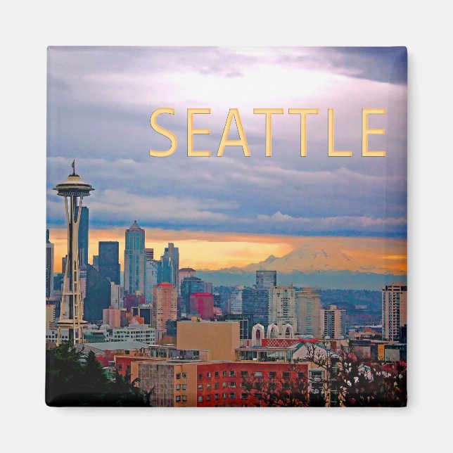 Seattle Washington Skyline vid Sunset TEXT SEATTLE Magnet (Framsidan)