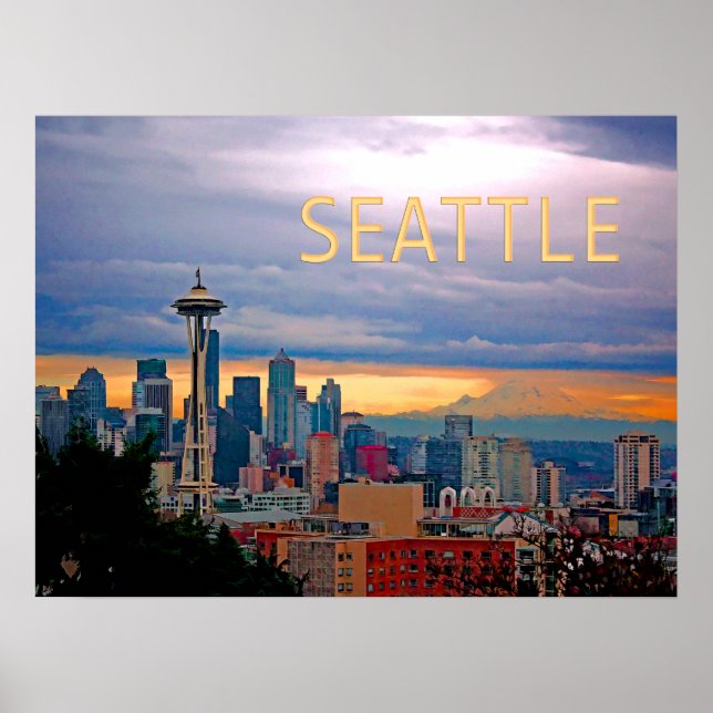 Seattle Washington Skyline vid Sunset TEXT SEATTLE Poster (Framsidan)