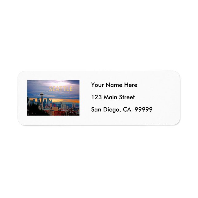 Seattle Washington Skyline vid Sunset TEXT SEATTLE Returadress Etikett (Framsidan)