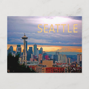 Seattle Washington Skyline vid Sunset TEXT SEATTLE Vykort