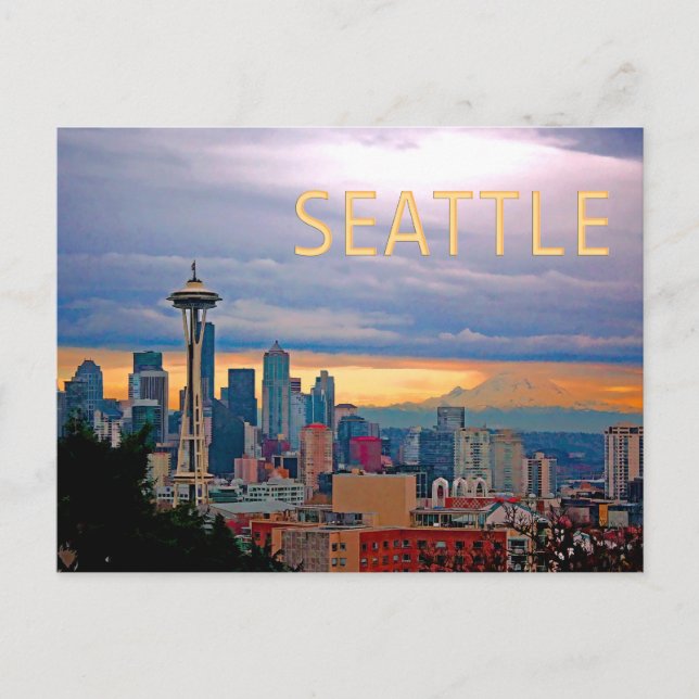Seattle Washington Skyline vid Sunset TEXT SEATTLE Vykort (Framsida)
