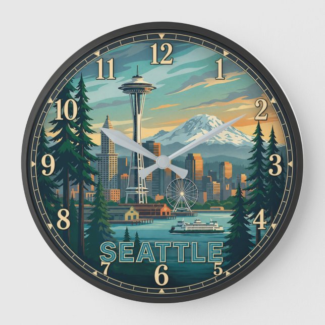 Seattle Washington Space Needle and Mount Rainier Stor Klocka (Framsida)