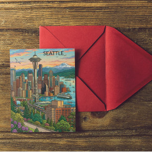 Seattle, Washington Vintage Resemål Stadsvy Vykort