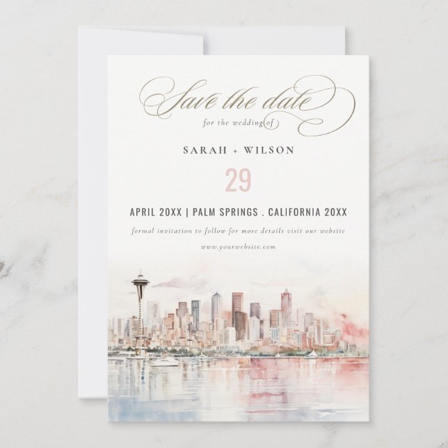 Seattle, Washington Watercolor Landscape Wedding Spara Datumet (Framsida)