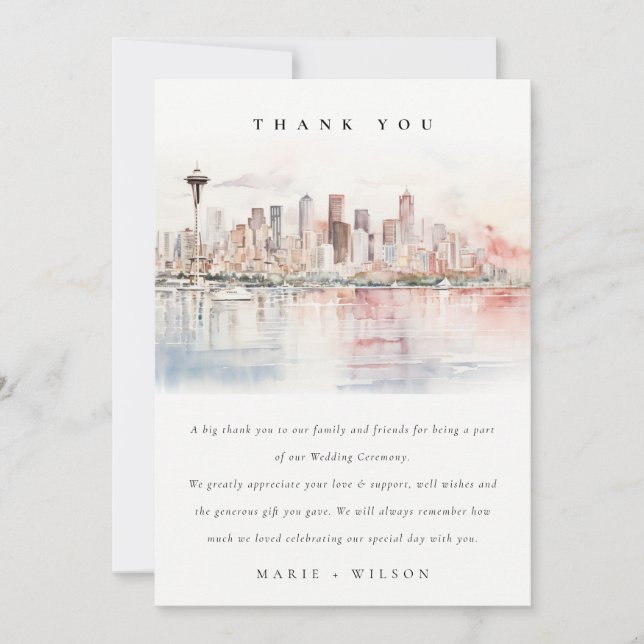 Seattle, Washington Watercolor Landscape Wedding Tack Kort (Framsida)