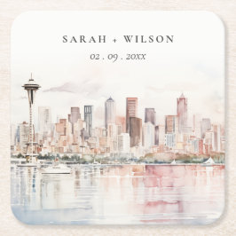 Seattle, Washington Watercolor Landscape Wedding Underlägg Papper Kvadrat