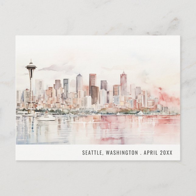 Seattle, Washington Watercolor Landscape Wedding Vykort (Framsida)