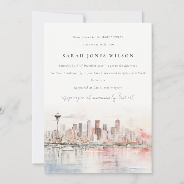 Seattle Washington Watercolor Scape Baby Shower Inbjudningar (Framsida)