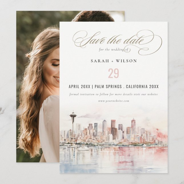 Seattle Washington Watercolor Scape Wedding Photo Spara Datumet (Fram/baksida)