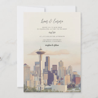 Seattle Watercolor Skyline Destination Bröllop Inbjudningar