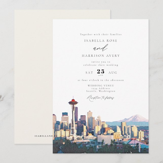 SEATTLE Watercolor Skyline Destination Wedding Inbjudningar (Fram/baksida)