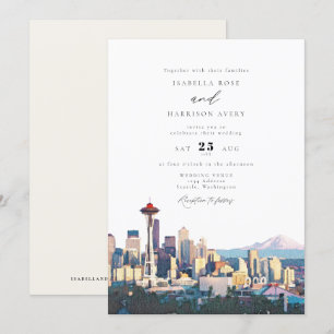 SEATTLE Watercolor Skyline Destination Wedding Inbjudningar