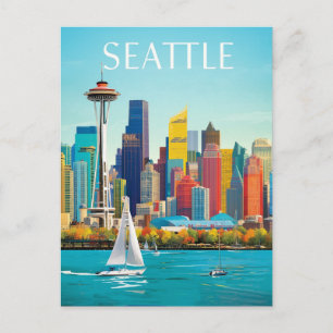 Seattle Waterfront & Space Nål Retro Art Vykort