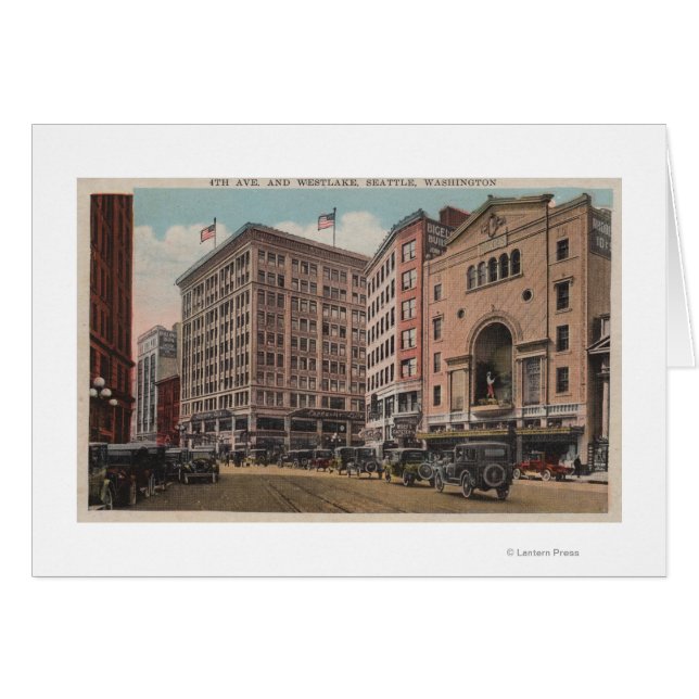 Seattle, WAView of 4th Ave & Westlake Hälsningskort (Framsidan Horizontal)