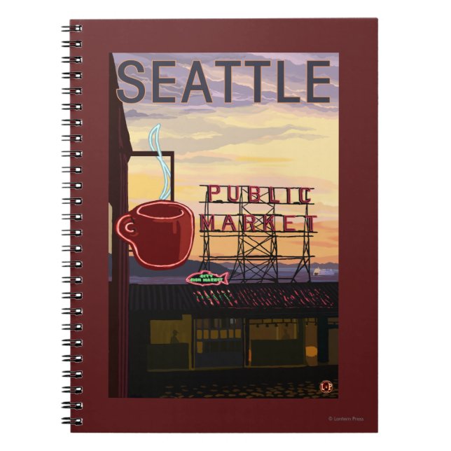 SeattlePike Ställe Market Sign and Vatten View Anteckningsbok (Framsidan)