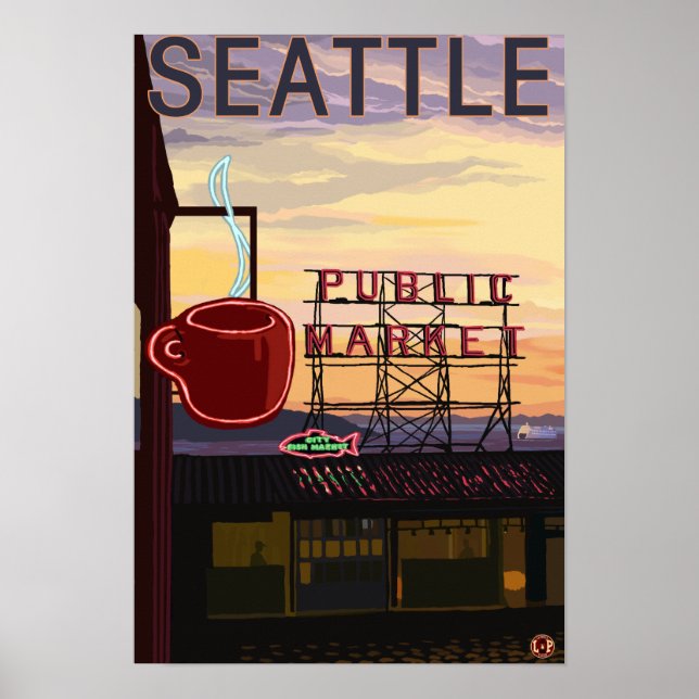 SeattlePike Ställe Market Sign and Vatten View Poster (Framsidan)