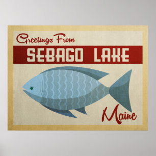 Sebago Sjö Maine Fish Vintage resor Poster