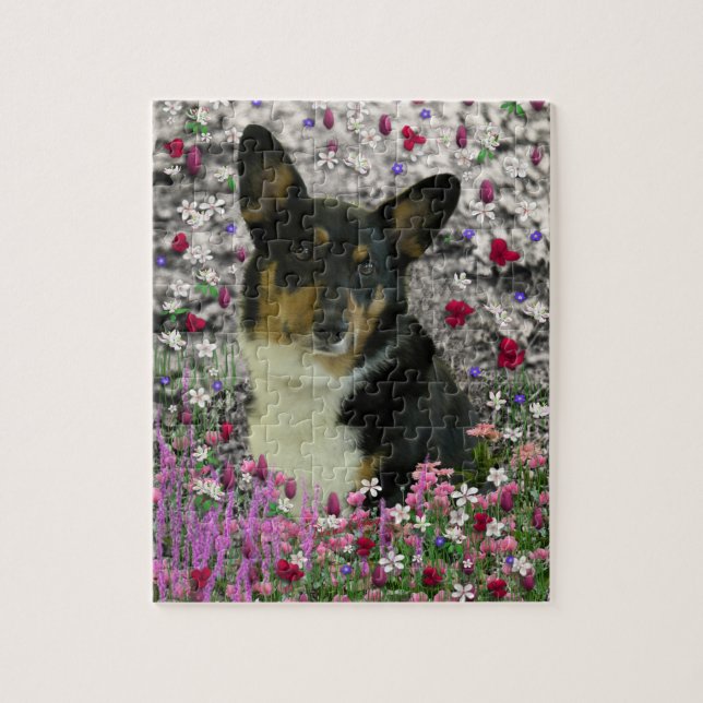 Sebastian den walesiska corgien i blommor pussel (Vertikal)