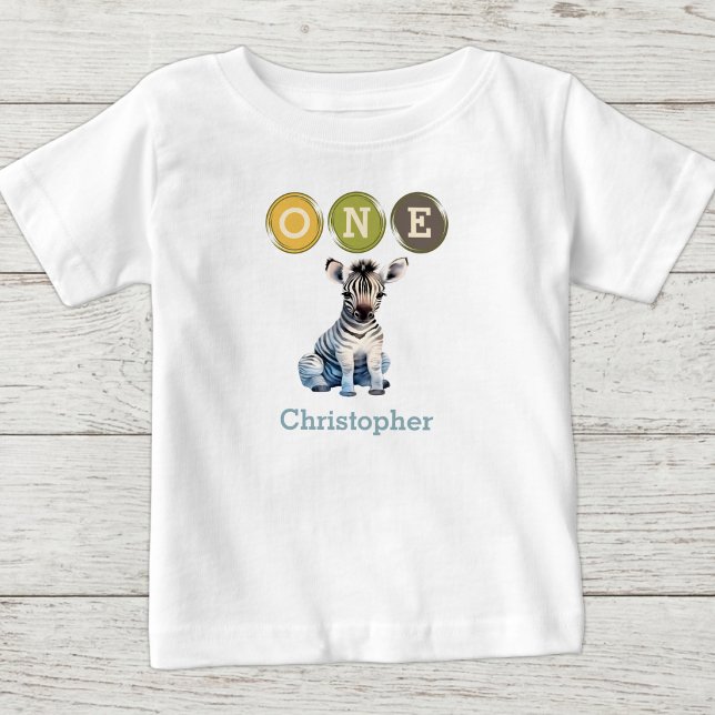 Sebra 1-årsdag en med namn blå t shirt (Skapare uppladdad)
