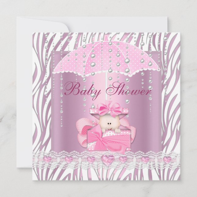 Sebra Baby Shower Flicka Baby Rosa Paraply Vit Inbjudningar (Framsida)