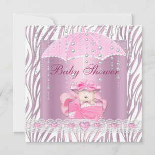 Sebra Baby Shower Flicka Baby Rosa Paraply Vit Inbjudningar