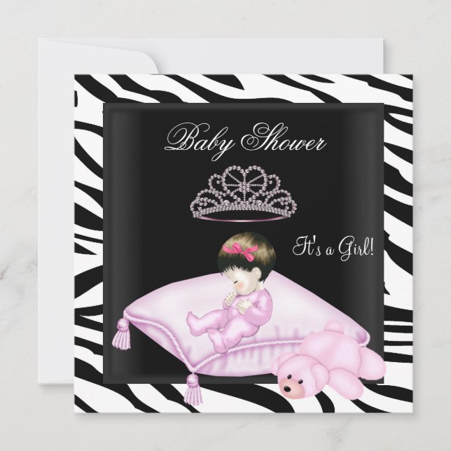 Sebra Baby Shower Flicka Rosa Svart Vit Prinsessa Inbjudningar (Framsida)