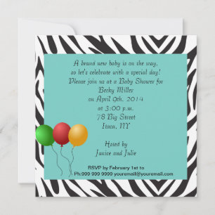 Sebra Baby Shower Party turkos Inbjudningar