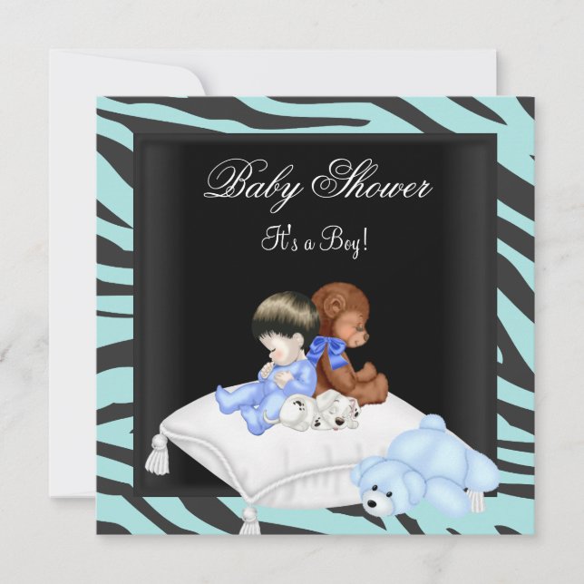 Sebra Baby Shower Pojke Blå Svart Kronprins Inbjudningar (Framsida)