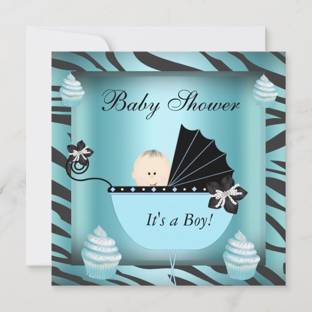 Sebra Babyfirande Baby Pojke Teal Cupcake Inbjudningar (Framsida)